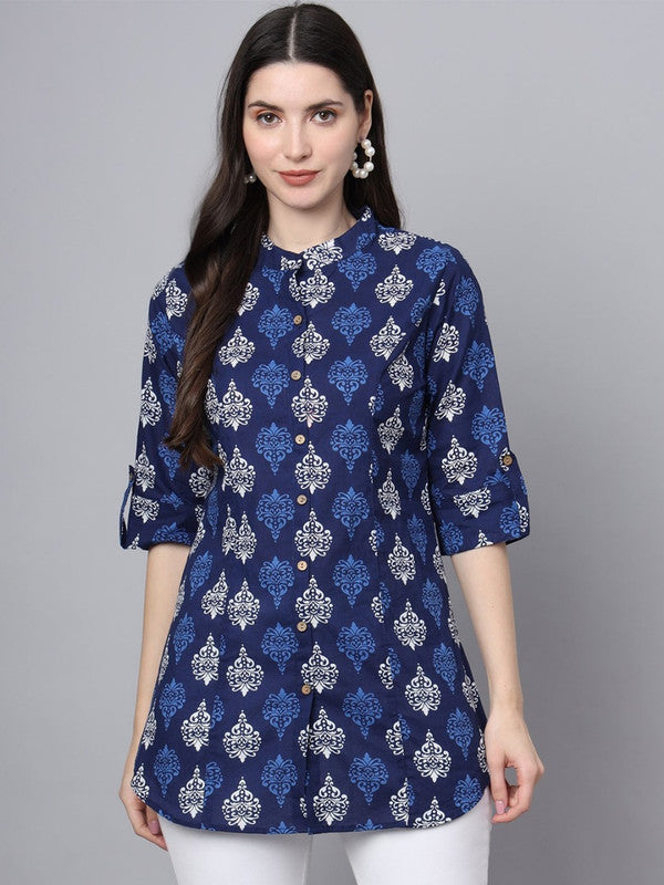 Blue Coloured Pure Cotton with Ethnic Motifs Printed Mandarin collar Three-quarter roll-up sleeves Women Casual/Daily wear Western Shirt Style Top!!