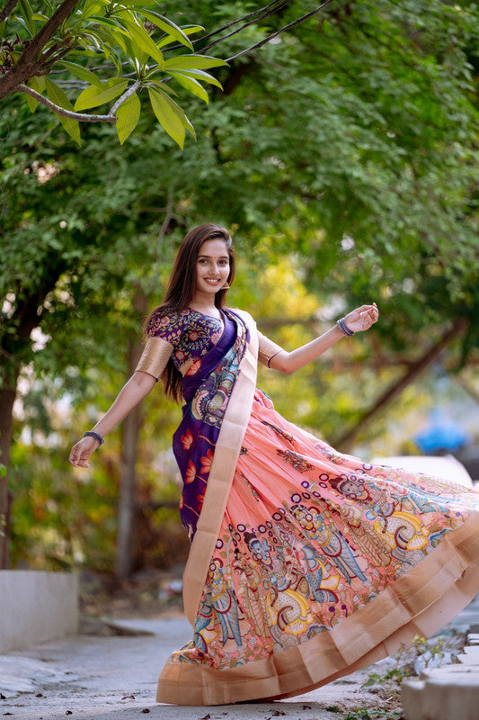 Peach & Multi Coloured Dola Silk with Kalamkari Print With Weaving Border Women Ethnic Party wear Lehenga choli ( Half Saree) with Dupatta!!