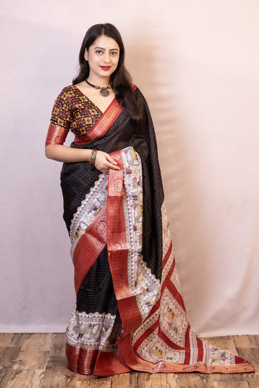 Black Coloured Soft Cotton with Madhubani Chex & Jacquard Border Women Party/Festival wear Soft Cotton Saree with Kalamkari Print Blouse!!