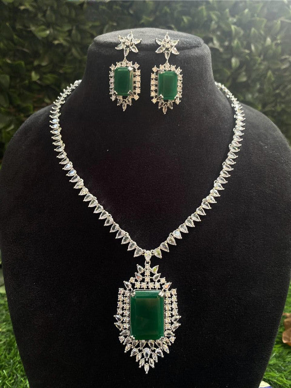 White with Dark Green Coloured Real Kundan American Diamonds with CZ Silver Plated Women Designer Beautiful Necklace Set with Earrings!!