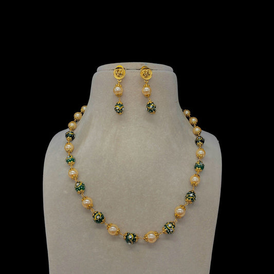 Green & Gold Coloured Pure Brass with Perals & Gold Plated Women Designer Beautiful Mala Set with Earrings!!