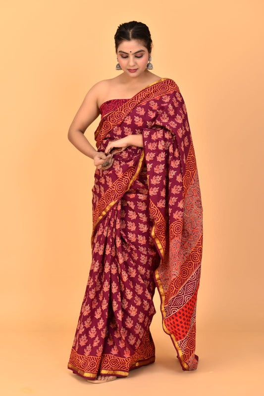 Maroon & Multi Coloured Pure Cotton with Jari Border & Print Women Party/Casual wear Cotton Saree with Runing Blouse!!