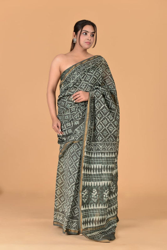 Green & Multi Coloured Chanderi Silk with Hand Block Printed Women Party/Traditional Wear Chanderi Silk Saree with Blouse!!