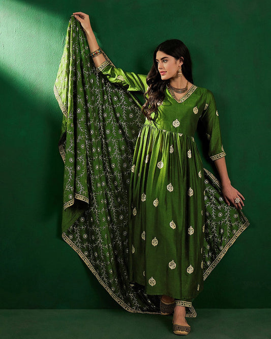 Green Coloured Vichitra Zari Sequence Embroidery With Printed Women Designer Party/Casual wear A Line Kurta with Pant & Dupatta Set!!