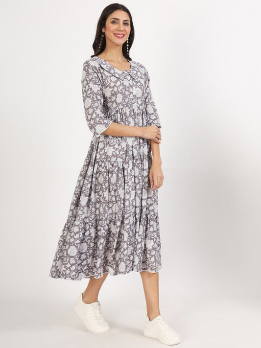 Grey Coloured Cotton with Floral printed Round neck Three-quarter sleeves Women Designer Party/Casual wear A-Line Midi Dress!!