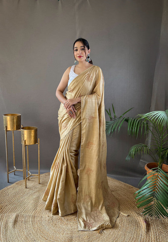 Gold Coloured Soft Silk with Zari, Embroidery and Piping Work Women Ethnic/Party wear Silk Saree with Running Butti Blouse!!