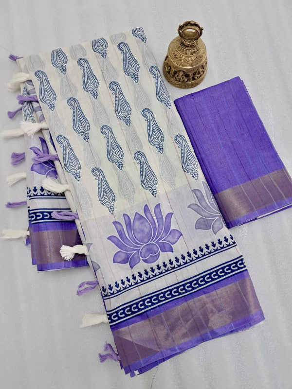 White & Purple Coloured Handloom Weaving with Gold jari border & Digital Print Women Party/Casual wear Cotton Saree with Blouse!!