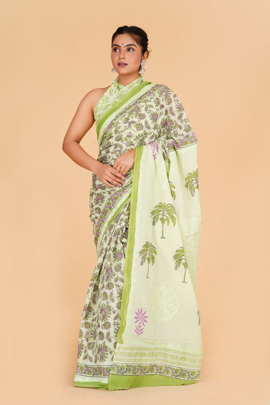 Green & Multi Coloured Pure Cotton with Beautiful Applique Hand Cut Work Women Party/Casual wear Hand Block Printed Cotton Saree with Blouse!!