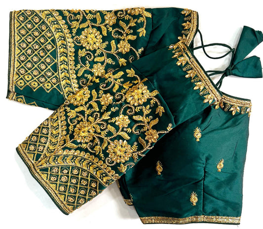 Bottle Green Coloured Heavy Banarasi Silk with Jari , Thread & Khatli Hand Work Woman Designer Wedding Ready made Blouse - 38 Size Fits Up to 40 Inch!!