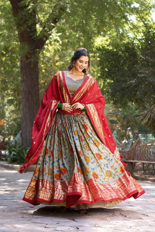 Red with Grey & Multi Coloured Tussar Silk with Kalamkari Print & Foil Print Women Ethnic Festival wear Lehenga Choli & Dupatta!!