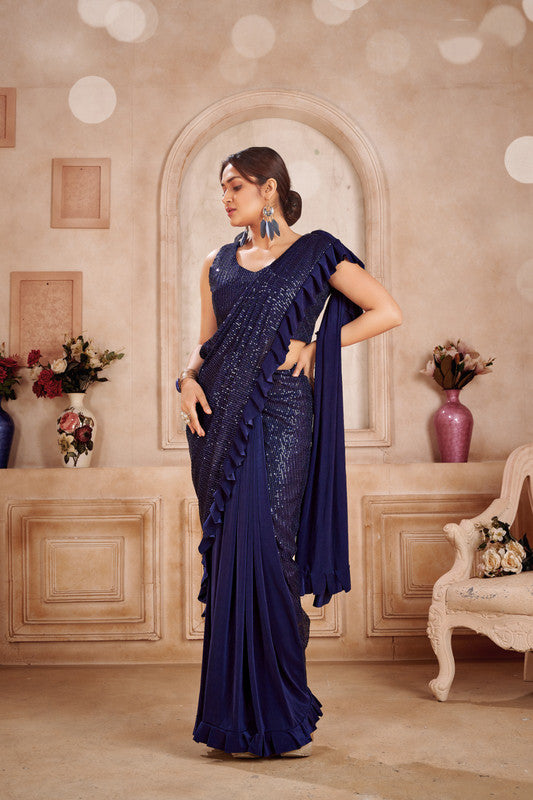 Navy Blue Coloured Premium Imported Fabric with Heavy Sequence Work Women Party/Fancy Ready to Wear Sequence Saree with Blouse!!