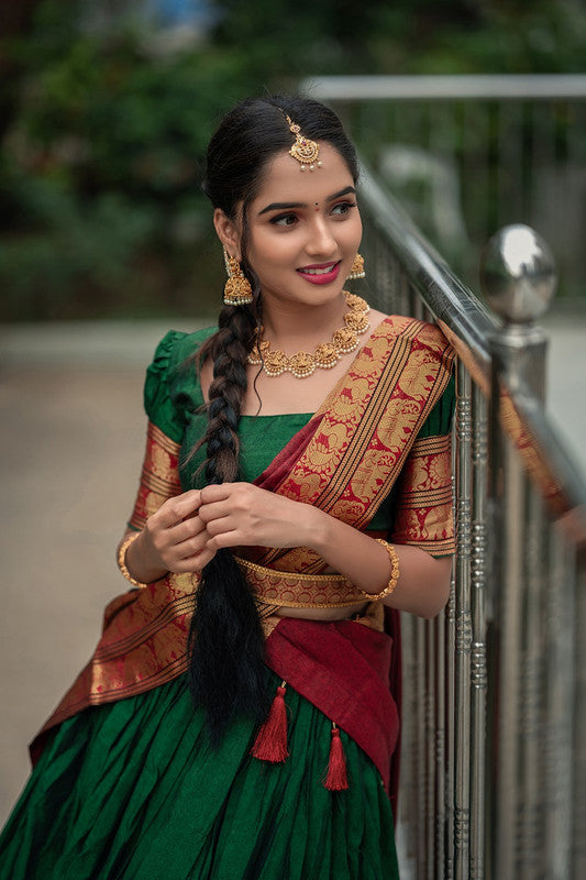 Green & Multi Coloured Narayan pet (Cotton) with Zari Weaving Work Women Ethnic Party wear Lehenga choli ( Half Saree) with Dupatta & Belt!!