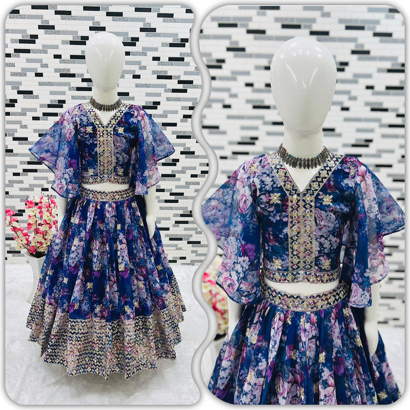 Blue & Multi Coloured Heavy Faux Georgette with Digital Print Embroidered & Sequence Work Girls Kids Designer Ethnic wear Lehenga with Blouse!!