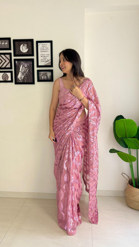 Pink Coloured with Dual Sequence work with back patch support lace border Women Designer Fancy Georgette Saree with Sequence Blouse!!