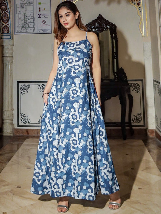 Blue & White Coloured Cotton with Beautiful Floral Print Shoulder Straps Women Designer Party/Casual wear Maxi Dress!!