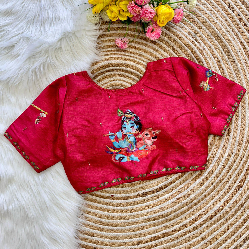 Red Coloured Pure silk with Antique Handcrafted Work & Sri Krishna Print Woman Designer Ethnic/Partywear Ready made Blouse - 38 Size Fits Up to 42 Inch!!