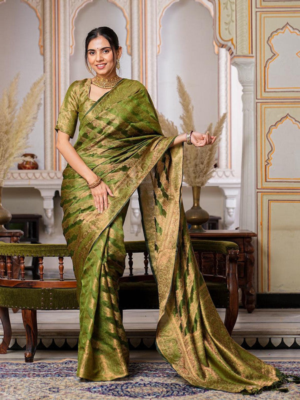 Parrot Green Coloured with Rich Pallu Dual Tone Tassels, Zari & Sequence Work Women Ethnic/Festival wear Organza Silk Saree with Brocade Blouse!!