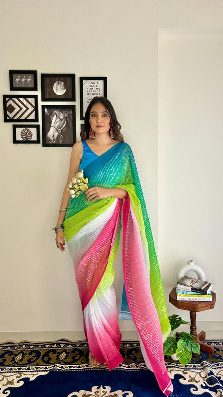 Parrot Green & Multi Coloured Shaded Crush Georgette with Sequence Work Women Party wear Fancy Saree with Running Blouse!!