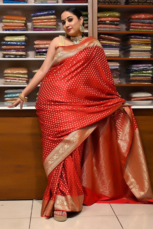 Red & Gold Coloured Soft Kanjivaram Pattu Jacquard with Gold  Zari Women Ethnic/Party wear Silk Saree with Contrast Blouse!!