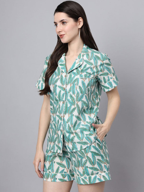 Green Coloured Pure Cotton with Floral Printed Shirt collar Short sleeves Women Casual/Daily wear Western Style Night Suit!!