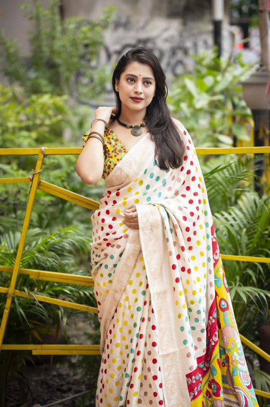 Ivory White Coloured Soft Pashmina Silk with Zaree woven Border, Polka dot with Kalamkari Pallu & Blouse Women Ethnic/Party wear Saree with Blouse!!