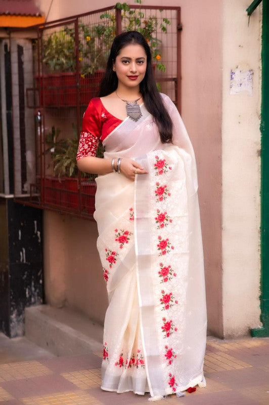 Cream Coloured Pure Linen Cotton with Silver Zari & White thread Multi Embroidery Chikankari Work Linen Saree with Phantom Silk Blouse!!