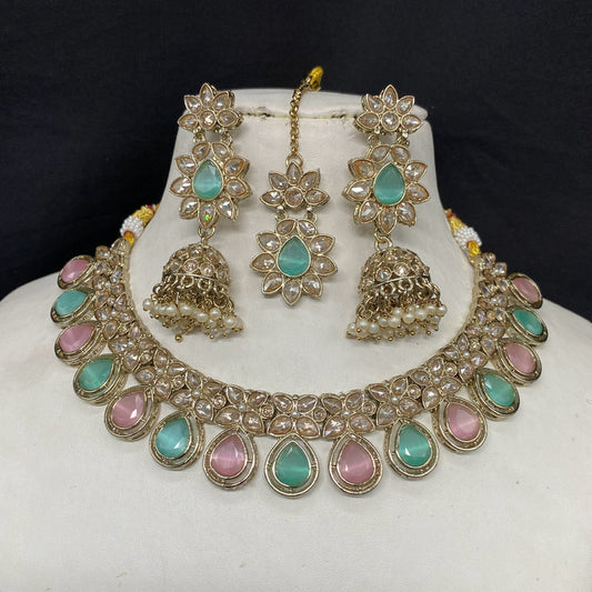 Aqua Blue with Pink Coloured Pure Reverse American Diamonds Mehendi Design with Real Kundan Stones Women Designer Choker with Jhumka Earrings Set & Matha Patti!!