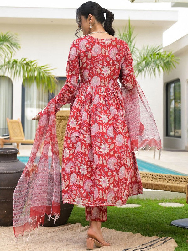 Red Coloured Pure Cotton with Floral Print V-Neck Long Regular Sleeves Women Designer Party/Casual wear Gotta Patti Anarkali Kurta with Trousers & Dupatta!!