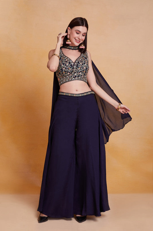 Navy Blue Coloured Real Chinon with Embroidery & Sequence Work Women Designer Party wear Top with Bottom & Dupatta!!