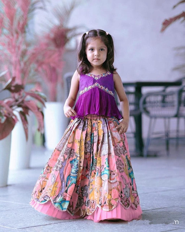 Purple with Pink & Multi Coloured Chinon Silk with Hevy Sequins Embroidered & Crush Work Girls Kids Festival Designer Ethnic Lahenga with Blouse!!