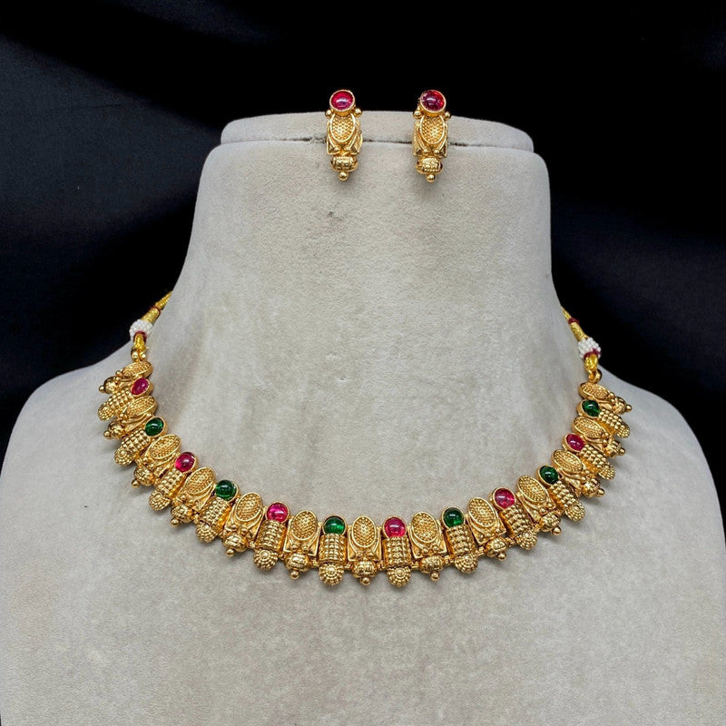 Gold & Multi Coloured Pure Brass and Copper with Real Kundan Stones Women Designer Gold Plated Choker with Earrings Set!!