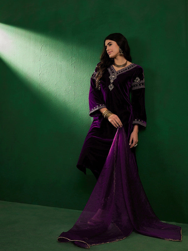 Purple Coloured Velvet Zari Sequence Embroidered Women Designer Party/Casual wear Kurta with Pant Style Palazzo & Dupatta Set!!