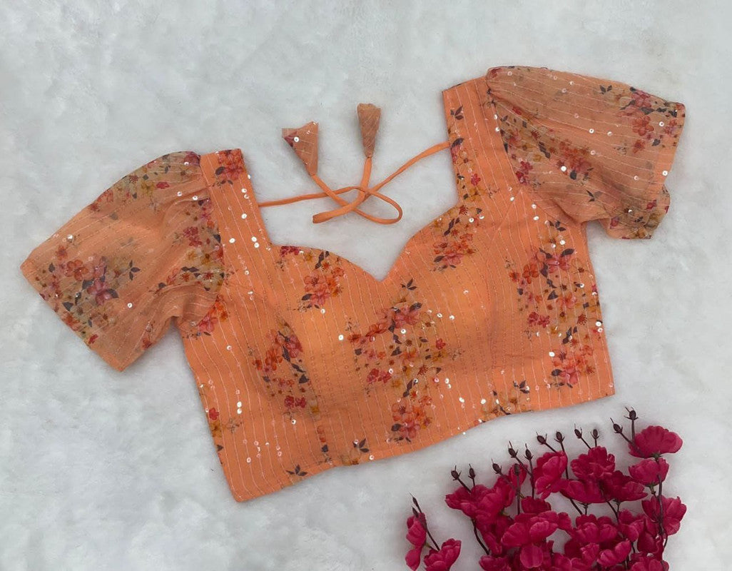 Orange Coloured Heavy Georgettet with Sequence work & Digital Print Woman Designer Ethnic/Partywear Ready made Blouse - 38 Size Fits Up to 40 Inch!!