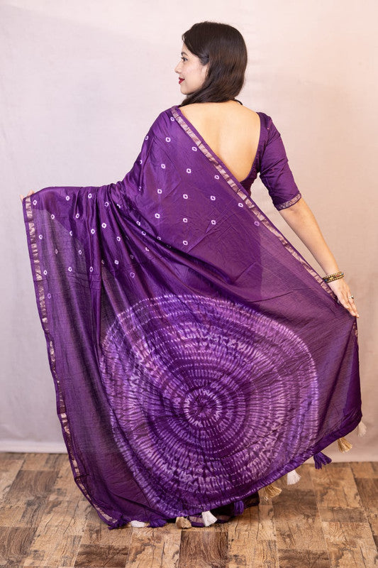 Purple Coloured Chanderi Cotton with Bandhani Print & Big Tied Pallu Women Party/Festival wear Chanderi Cotton Saree with Aari Mirror Blouse!!