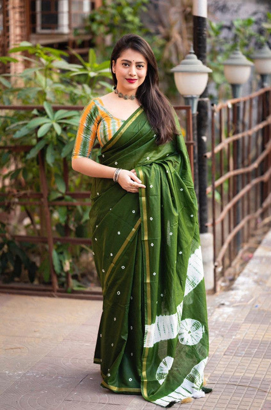 Green & Yellow Coloured Soft Pure Chanderi Cotton with Bandhej & Shibori Block Print Women Ethnic/Party wear Cotton Saree with Blouse!!