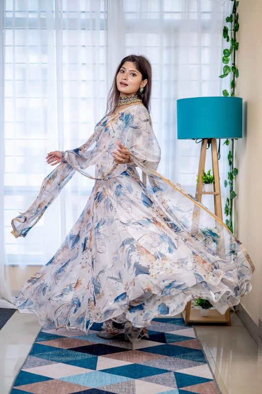 Grey with Blue & Multi Coloured Organza Taby Silk with Digital Print Full Sleeves Women Wedding/Party wear Anarkali Gown Kurti with Bottom & Dupatta!!