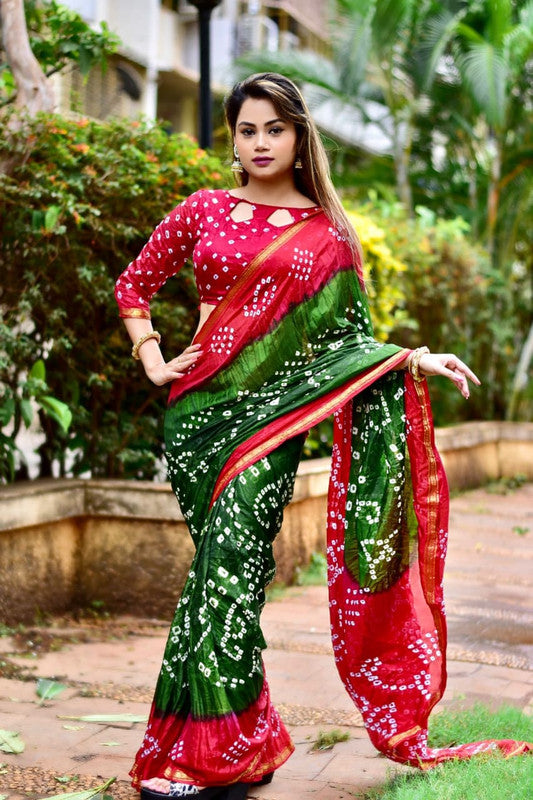 Red with Green Coloured Premium Silk with Beautiful Bandhani Print Women Party/Festival wear Silk Saree with Runing Blouse!!