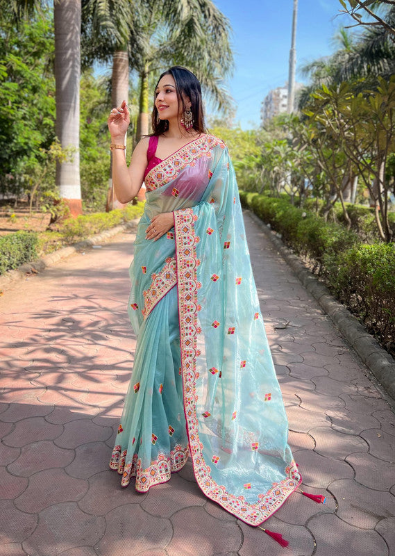 Sky Blue Coloured Twill Net with Embroidery & Malti Colour thread & Jari Work Women Fancy/Party Wear Saree with Blouse!!