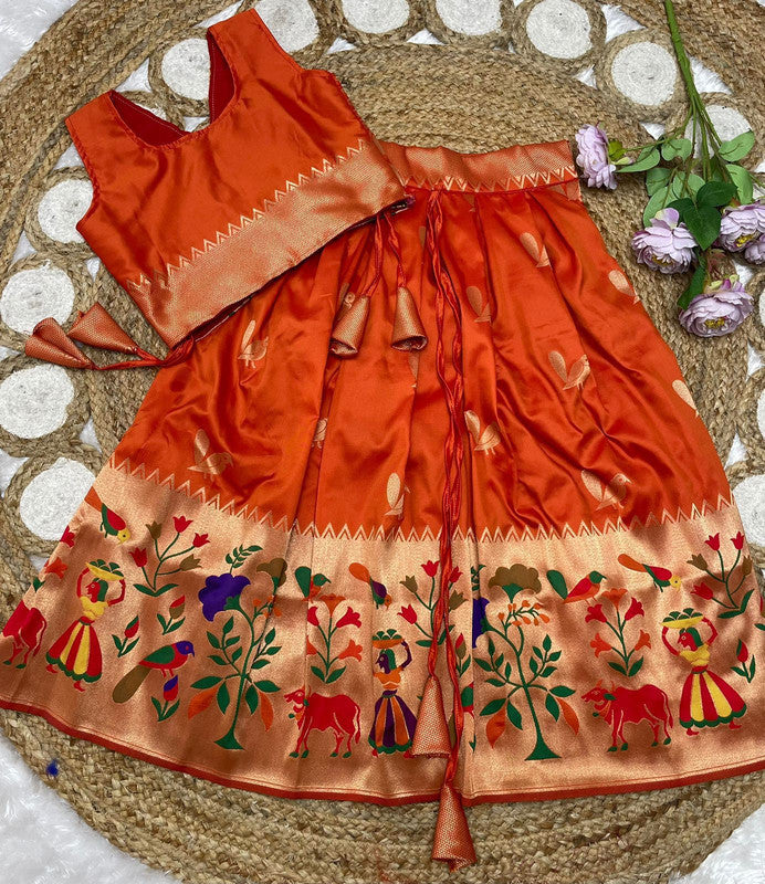 Orange Coloured Paithani Silk with Beautiful Zari Weaving Work with Full Inner Designer Girls Kids Designer Ethnic/Party wear Lehenga Choli!!