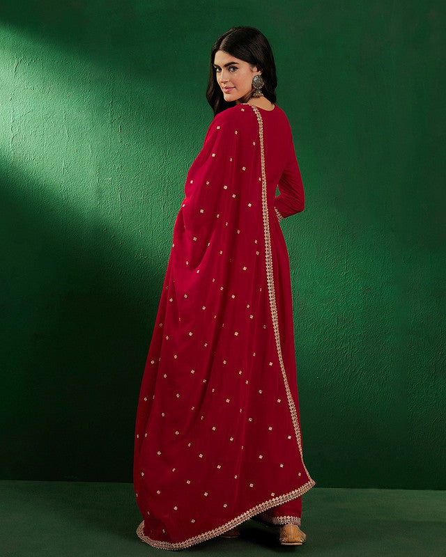 Red Coloured Georgette Zari Sequence Embroidered Women Designer Party/Casual wear Kurta with Palazzo & Dupatta Set!!