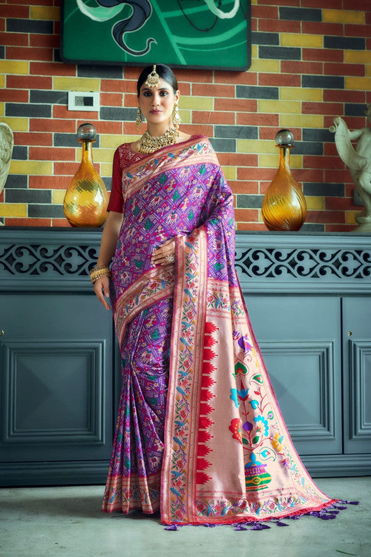 Purple & Multi Coloured Meena & Zari weaves with Paithani work Women Ethnic wear Banarasi Soft Silk Patola Saree with Contrast Brocade Blouse!!
