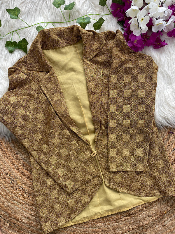 Gold Coloured Shining Checks Emboss Woman Designer Ethnic/Partywear Ready made Collar Style Fancy Jacket - 38 Size Fits Up to 42 Inch!!