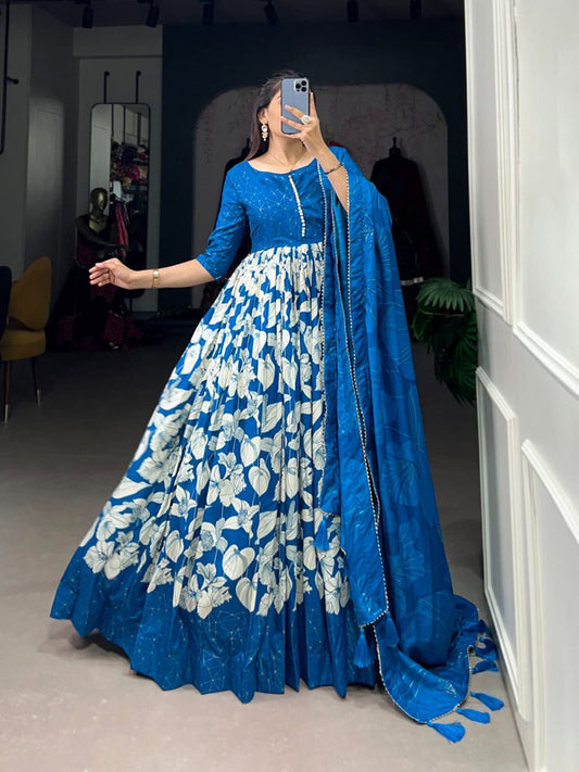 Blue with White Coloured Tussar Silk with Floral Print & Foil Work Women Ethnic/Wedding/Party wear Gown Kurti with Dupatta!!