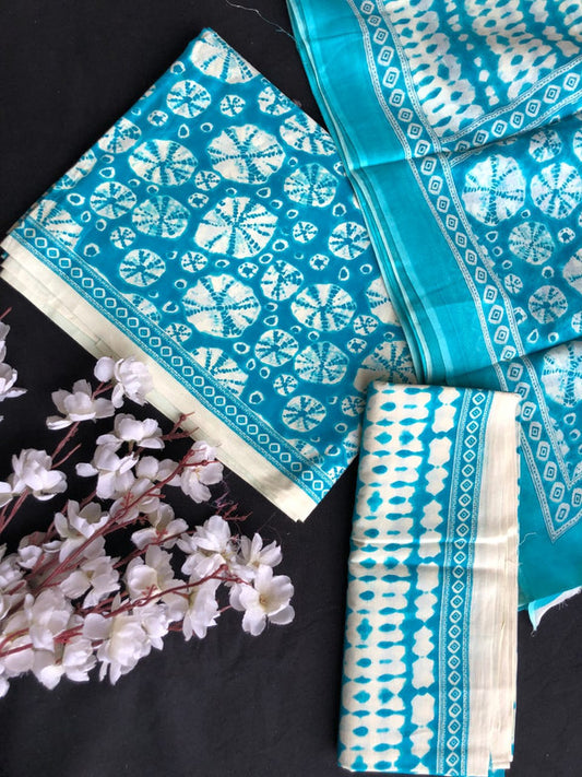 Aqua Blue & White Coloured Pure Cotton with Hand block Printed Women Party/Casual wear Dress Material Suit- Top with Bottom & Mul Cotton Dupatta!!