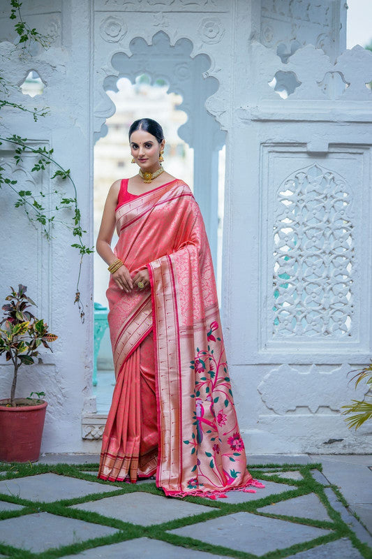 Pink & Multi Coloured Soft Kanjivaram Silk with Rich Paithani Pallu Women Ethnic/Festival wear Soft Silk Saree with Contrast Blouse!!