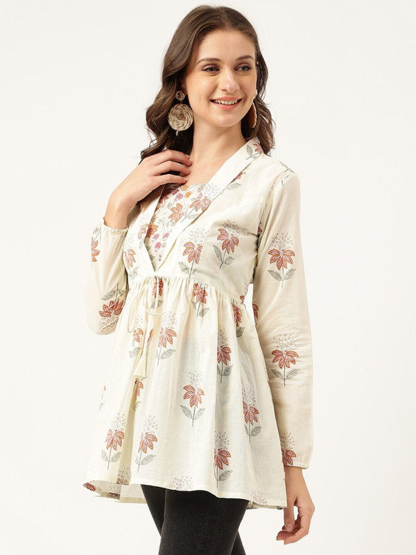 Cream Coloured Pure Cotton with Floral Printed Round neck, long, regular sleeves Women Party/Daily wear Western Longline Empire Top!!