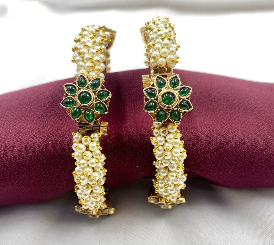 Gold with Green Coloured Pure Brass with Kundan Campo Pearl & One Gram Gold Plated Women Designer Beautiful Bangales Openable Kada Set!!