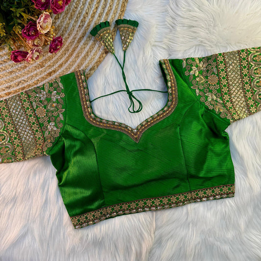 Green Coloured Pure Soft Italian Silk with Tricot Fuising & Codding Embroidery + Thread & Sequence Work Woman Designer Bridal Ready made Blouse - 40 Size Fits Up to 42 Inch!!