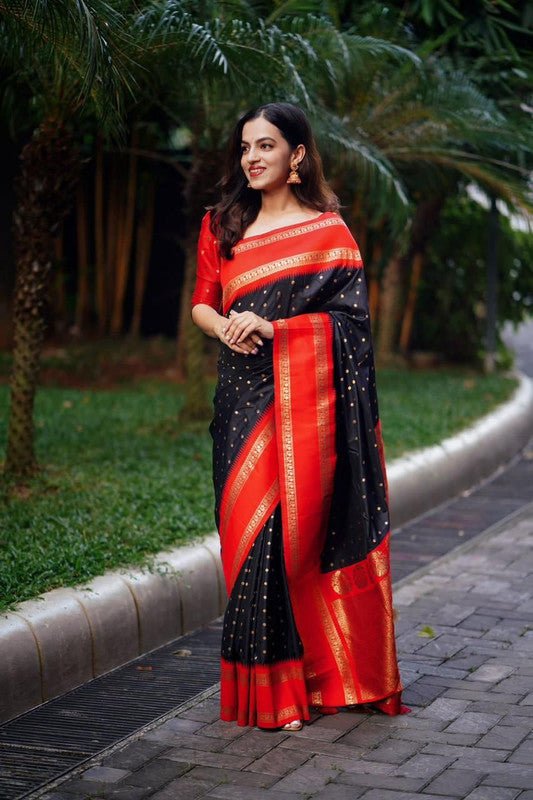 Black with Red Coloured Soft Silk with Bentex Border & Rich Pallu with Tassels Women Party/Fancy wear Soft Silk Saree with Woven Blouse!!