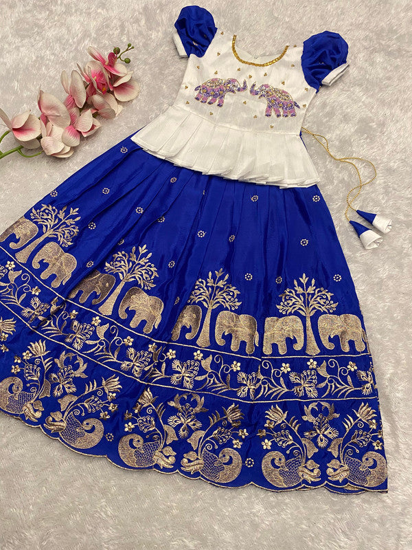 Blue & Multi Coloured Soft Chinon Silk with Zari Embroidery & Cut Work Girls Kids Festival Elephant Design Ethnic Lahenga with Blouse!!